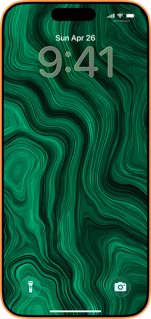 Wallpaper preview on iPhone 17 Pro Max running iOS 26 - Emerald Malachite Swirls