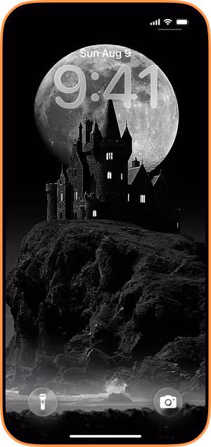 Wallpaper preview on iPhone 17 Pro Max running iOS 26 - Moonlit Gothic Castle
