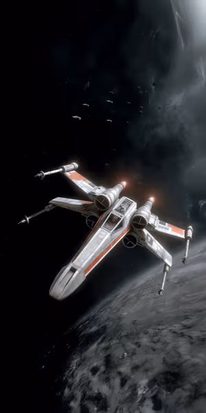 Cinematic sci fi X Wing starfighter over a gray rocky planet with vibrant nebula ultra HD 8K mobile background.