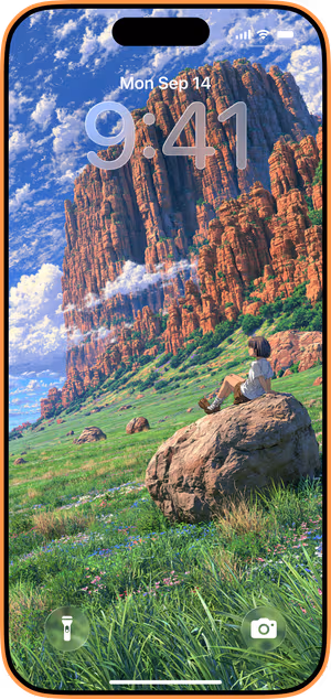 Wallpaper preview on iPhone 17 Pro Max running iOS 26 - Anime Mountain Meadow