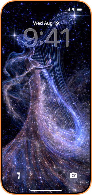 Wallpaper preview on iPhone 17 Pro Max running iOS 26 - Celestial Harp Musician