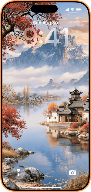 Wallpaper preview on iPhone 17 Pro Max running iOS 26 - Autumn Mountain Pavilion