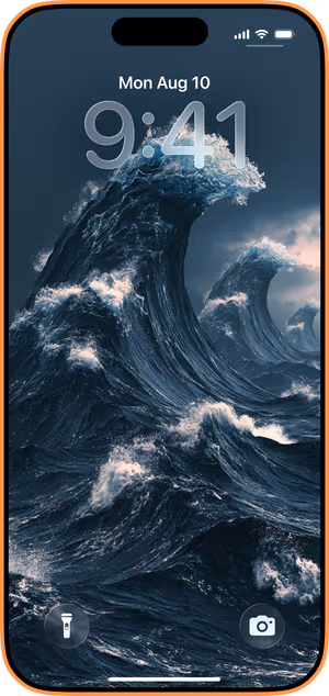 Wallpaper preview on iPhone 17 Pro Max running iOS 26 - Dramatic Blue Ocean Waves
