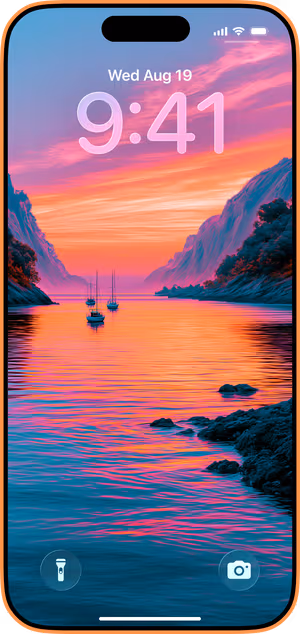 Wallpaper preview on iPhone 17 Pro Max running iOS 26 - Cinematic Fjord Sunset