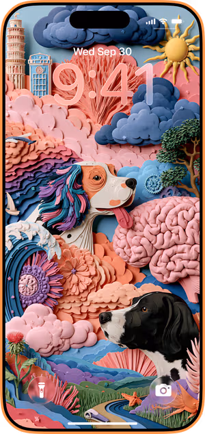 Wallpaper preview on iPhone 17 Pro Max running iOS 26 - Whimsical Papercraft Dog Scene