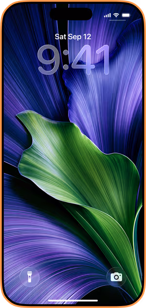Wallpaper preview on iPhone 17 Pro Max running iOS 26 - Purple Green Flowing Leaves