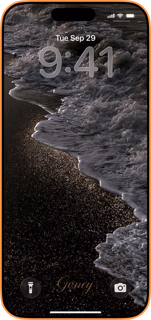 Wallpaper preview on iPhone 17 Pro Max running iOS 26 - Dark Ocean Foam Gold Shore