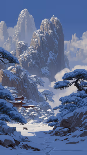 Cinematic snow temple centered on a red and white winter background with misty peaks and visible wolf tracks