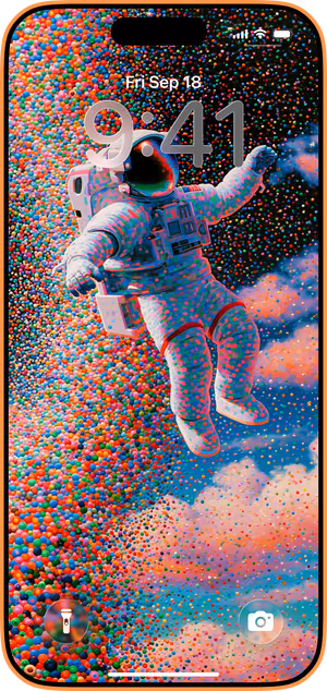 Wallpaper preview on iPhone 17 Pro Max running iOS 26 - Colorful Astronaut Cosmic Beads