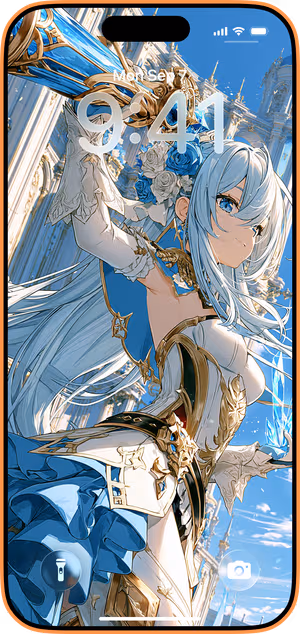 Wallpaper preview on iPhone 17 Pro Max running iOS 26 - Celestial Blue Anime Princess