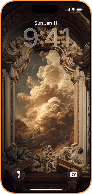 Wallpaper preview on iPhone 17 Pro Max running iOS 26 - golden baroque cloudscape