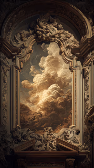 Baroque ceiling cloudscape centered on a golden background with ornate sculptural detail ultra HD 8K iPhone image
