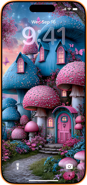 Wallpaper preview on iPhone 17 Pro Max running iOS 26 - Whimsical Mushroom Fairy House