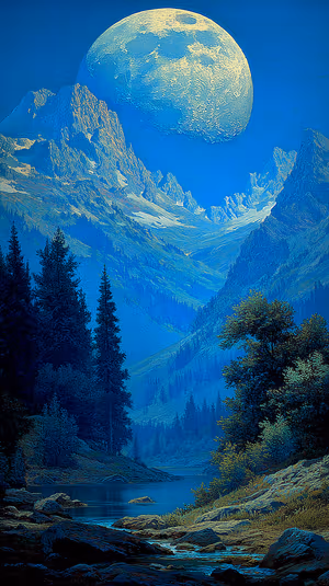 Cinematic moonlit mountain valley centered on a cool blue background with reflective alpine stream ultra HD image.