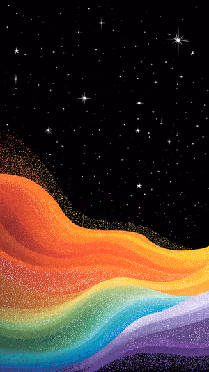 Dreamy celestial rainbow waves centered on a starry black background with speckled texture in a multicolor aesthetic, ultra HD 8K.