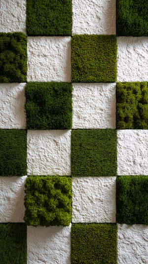 Minimalist botanical checkerboard of lush green moss squares and rough white plaster on a green and white palette, ultra HD 8K background for iPhone