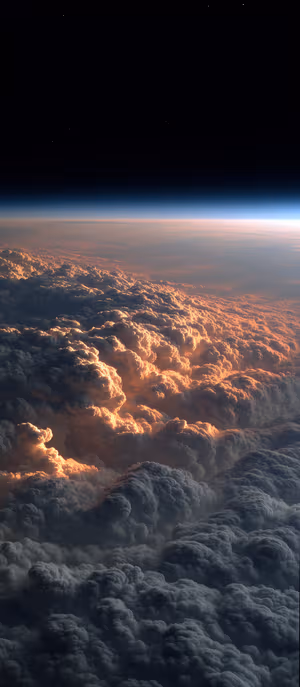Cinematic aerial cloudscape centered on warm golden horizon with dark upper atmosphere and distant stars ultra HD 8K image.