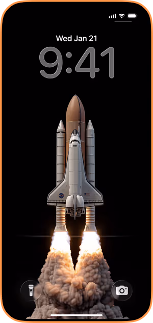 Wallpaper preview on iPhone 17 Pro Max running iOS 26 - Shuttle Lift Off