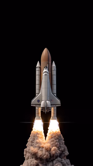 Photographic space shuttle lift off on a deep black background with vivid exhaust flames and billowing smoke, ultra HD image.
