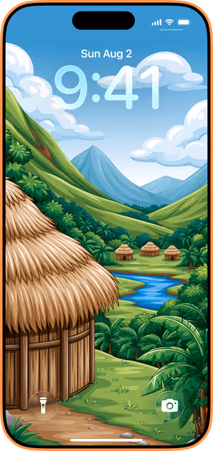 Wallpaper preview on iPhone 17 Pro Max running iOS 26 - Tropical Village Valley