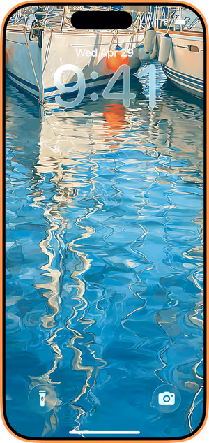 Wallpaper preview on iPhone 17 Pro Max running iOS 26 - Aqua Harbor Reflections
