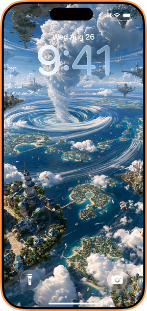 Wallpaper preview on iPhone 17 Pro Max running iOS 26 - Sky Islands Storm Vortex