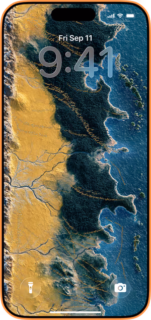 Wallpaper preview on iPhone 17 Pro Max running iOS 26 - Golden Coast Fantasy Map