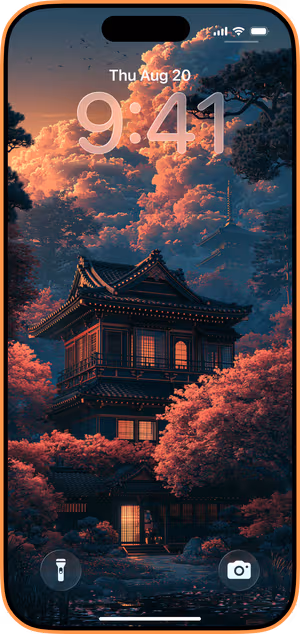 Wallpaper preview on iPhone 17 Pro Max running iOS 26 - Coral Temple Forest