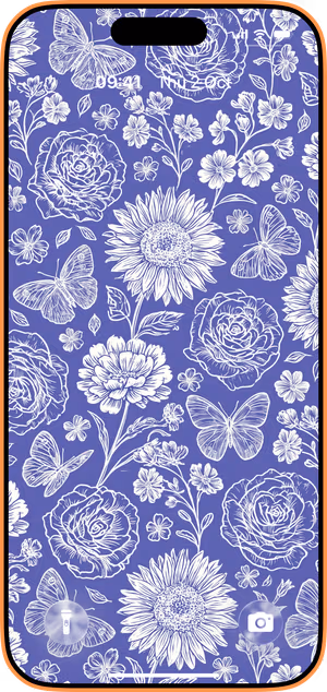 Wallpaper preview on iPhone 17 Pro Max running iOS 26 - Blue Floral Butterfly Pattern
