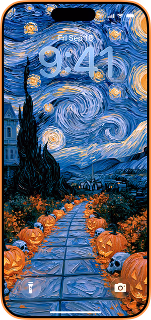Wallpaper preview on iPhone 17 Pro Max running iOS 26 - Haunted Pumpkin Path