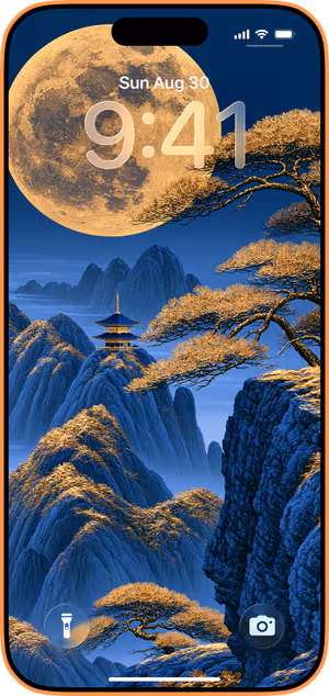 Wallpaper preview on iPhone 17 Pro Max running iOS 26 - Golden Moon Mountain Landscape