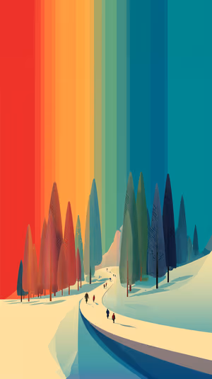 Minimalist rainbow sky forest path with conifers and tiny walkers centered on a multicolor gradient background ultra HD