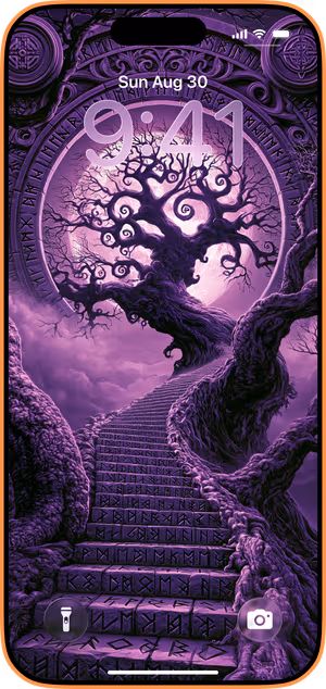 Wallpaper preview on iPhone 17 Pro Max running iOS 26 - Mystic Rune Tree
