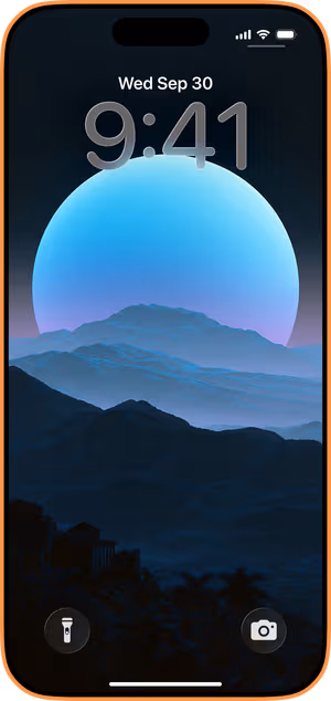 Wallpaper preview on iPhone 17 Pro Max running iOS 26 - Midnight Orb Mountains