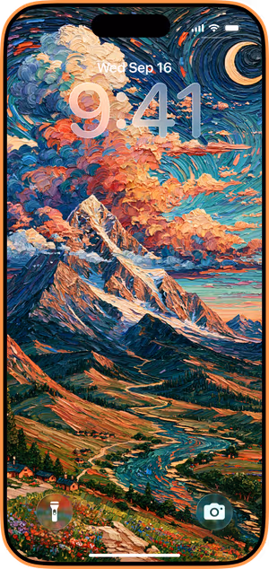 Wallpaper preview on iPhone 17 Pro Max running iOS 26 - Impressionist Mountain Landscape