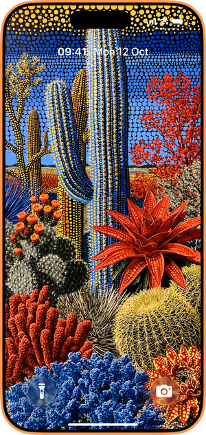 Wallpaper preview on iPhone 17 Pro Max running iOS 26 - Vivid Desert Cactus Art