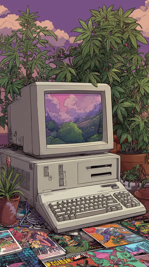 Retro illustration of a vintage beige PC with potted plants and comic pages against a purple sky ultra HD image.