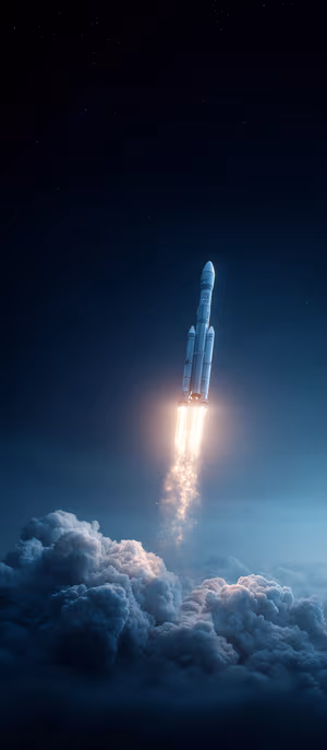 Cinematic rocket launch centered on a midnight blue sky with amber exhaust in ultra HD 8K background.