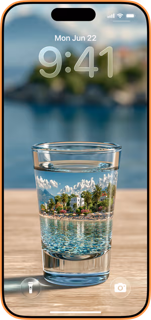 Wallpaper preview on iPhone 17 Pro Max running iOS 26 - Shot Glass Seascape
