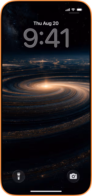 Wallpaper preview on iPhone 17 Pro Max running iOS 26 - Golden Galaxy Rings