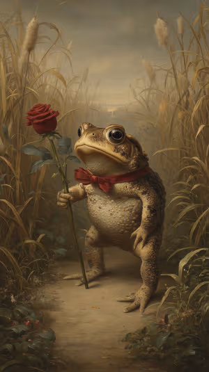 Whimsical storybook style toad holding a red rose and wearing a bow tie on a misty reed path ultra hd image