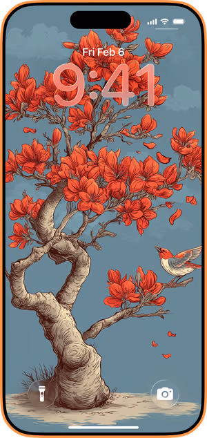Wallpaper preview on iPhone 17 Pro Max running iOS 26 - Red Blossom Tree