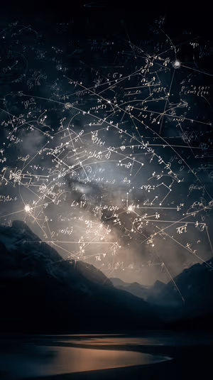 Astro art Milky Way with glowing constellation lines and handwritten equations over a midnight blue sky, ultra HD.