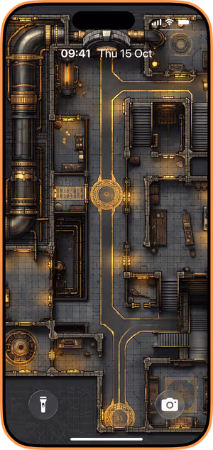 Wallpaper preview on iPhone 17 Pro Max running iOS 26 - Industrial Sci Fi Map