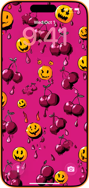 Wallpaper preview on iPhone 17 Pro Max running iOS 26 - Spooky Cherry Pop
