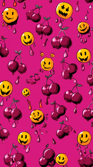Pop art cherries and jack o' lantern smiley faces centered on a magenta background in a playful aesthetic, ultra HD 8K