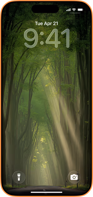 Wallpaper preview on iPhone 17 Pro Max running iOS 26 - Sunlit Forest Tunnel