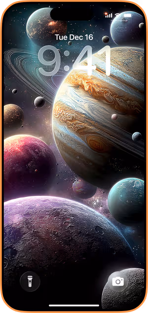 Wallpaper preview on iPhone 17 Pro Max running iOS 26 - Cosmic Ringed Giants