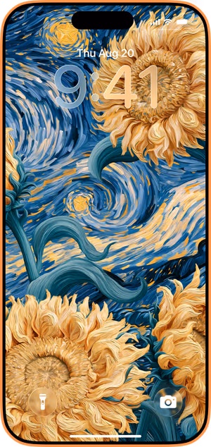 Wallpaper preview on iPhone 17 Pro Max running iOS 26 - Golden Sunflower Swirl