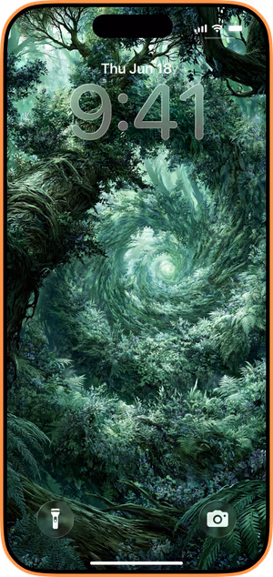 Wallpaper preview on iPhone 17 Pro Max running iOS 26 - Emerald Forest Spiral